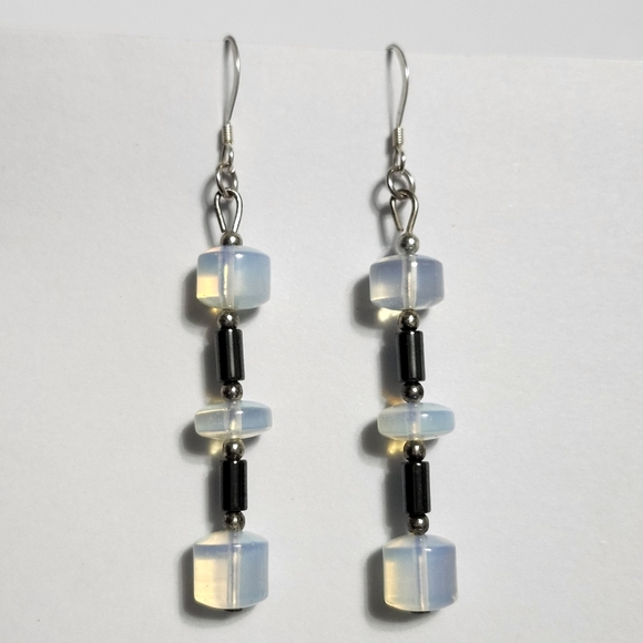 Silver Opalite Hematite earrings 2.25" - Picture 3 of 9